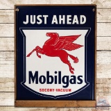 NOS Mobilgas Just Ahead Socony-Vacuum Emb. Single Sided Tin Sign w/ Pegasus & Crate