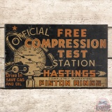 Hastings Piston Rings Compression Test Station Double Sided Tin Flange Sign w/ Automobile & Arrow