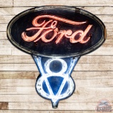 Scarce Ford V8 6.5' Die Cut Double Sided Tin Neon Sign