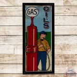 Early Ithaca Hand Painted Single Sided Tin Sign w/ Gas Pump & Attendant