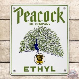 Incredible Peacock Oil Company Ethyl Gasoline Single Sided Porcelain Pump Plate Sign