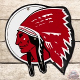 Rare Red Indian Gasoline Die Cut Single Sided Porcelain Pump Plate Sign
