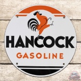 Exceptional Hancock Gasoline Single Sided Porcelain Pump Plate Sign w/ Rooster
