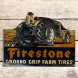 Firestone Ground Grip Farm Tires Double Sided Tin Flange Sign w/ Tractor
