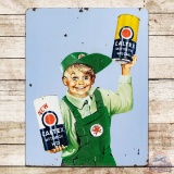 Graphic Caltex Motor Oil Double Sided Porcelain Sign w/ Quart Cans & Boy