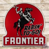 Iconic 1954 Frontier Gasoline Rarin' To Go! Double Sided Porcelain Keyhole ID Sign w/ Horse & Rider