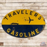 Scarce Travelers Gasoline 7' Double Sided Porcelain ID Sign w/ Plane & Automobile NC
