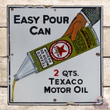 Early Texaco Motor Oil Single Sided Porcelain Sign w/ Easy Pour Can & Hand