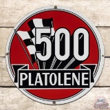 Scarce Platolene 500 Gasoline Single Sided Porcelain Pump Plate Sign w/ Racing Flag