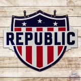 Republic Gasoline Die Cut Double Sided Porcelain ID Sign w/ Bracket