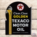 NOS Texaco Motor Oil Clean Clear Golden Die Cut Double Sided Porcelain Flange Sign