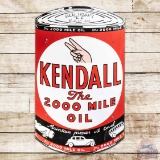 Kendall The 2000 Mile Oil Curved Oil Can Shaped Single Sided Porcelain Sign w/ Plane Car Bus