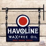 Excellent 1930 Havoline Wax Free Oil Indian Refining Co DS Porcelain Sign w/ Hanger & Arm 