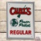 Stunning Curt's Oil Co. Power Packed Regular Gasoline Emb Single Sided Tin Pump Plate Sign w/ Rocket