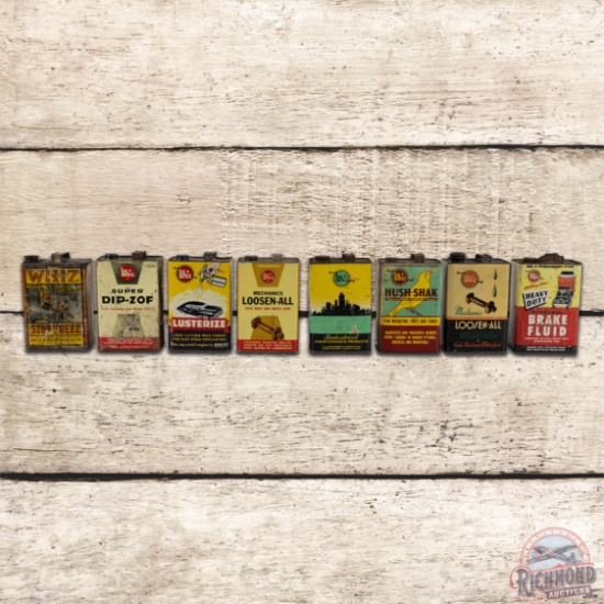 Group of 8 Whiz Automotive Themed Advertising Gallon Cans Stop Freez Lusterize Hush-Shak