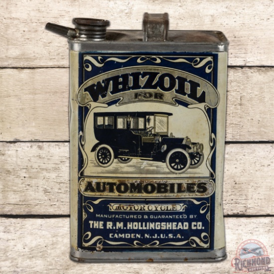 Whizoil For Automobiles & Motorcycles One Gallon Metal Can w/ Early Automobile