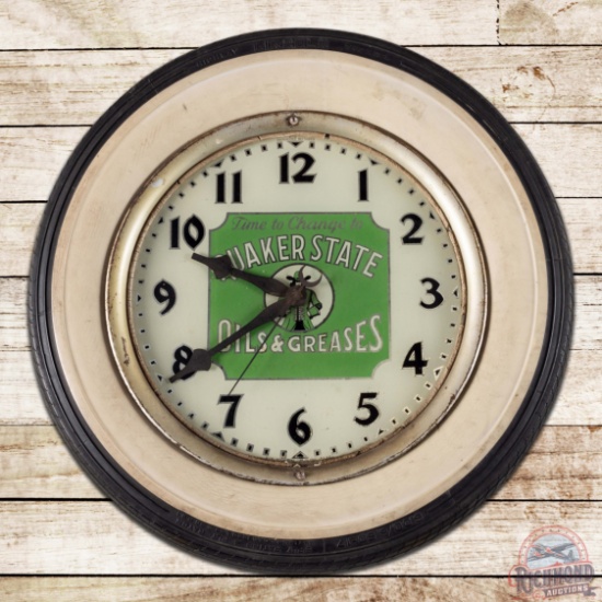 Early Quaker State Oils & Greases Advertising Clock w/ Tire & William Penn