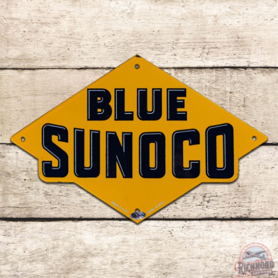 Superb Blue Sunoco Gasoline Single Sided Porcelain Pump Plate Sign