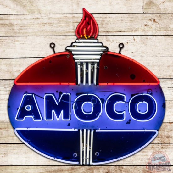 Amoco Gasoline w/ Flame 4' Single Sided Porcelain Neon Sign