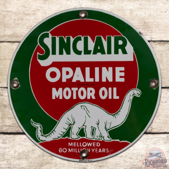 Outstanding Sinclair Opaline Motor Oil "Mellowed 80 Million Years" 11" Porcelain Sign w/ White Dino