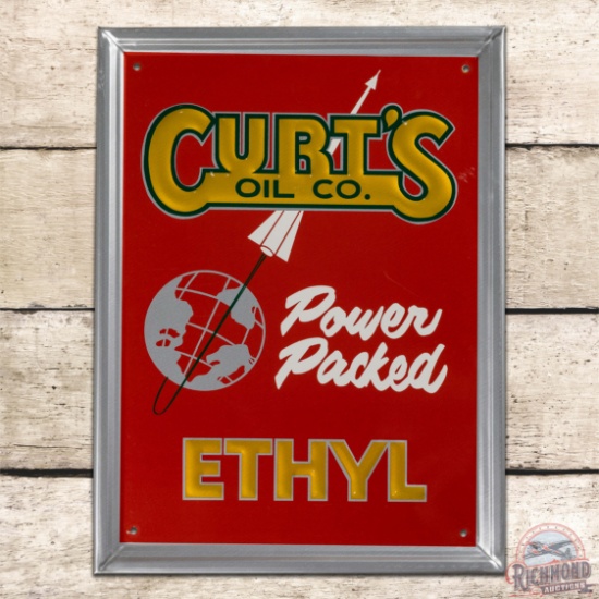 Outstanding Curt's Oil Co Power Packed Ethyl Gasoline Emb Single Sided Tin Pump Plate Sign w/ Rocket