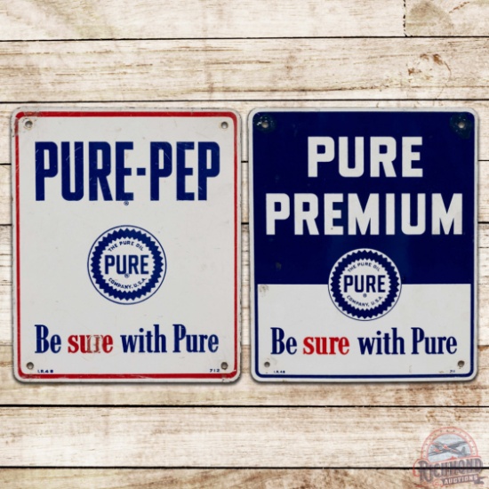 Group of 2 Pure Gasoline Pump Plate Signs w/ Logo Premium & Pure-Pep
