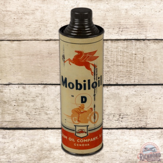 Scarce Mobiloil "D" Vacuum Oil Co. w/ Motorcycle and Pegasus Metal Oil Can