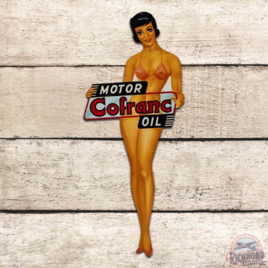 Motor Confranc Oil Pin-up Girl Die Cut Single Sided Tin Sign