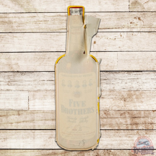 Amazing NOS 1954 Five Brothers Bourbon Whiskey Die Cut Single Sided Tin Bottle Sign w/ Paper