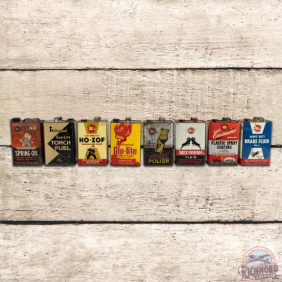 Group of 8 Whiz Automotive Themed Metal Advertising Cans