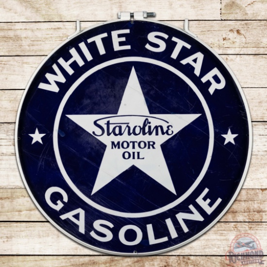 White Star Staroline Motor Oil Gasoline 30" Double Sided Porcelain Logo Sign w/ Ring