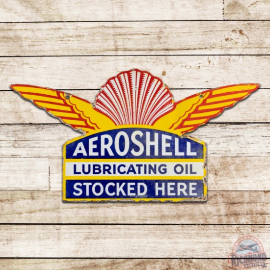 Aeroshell Lubricating Oil Stocked Here Die Cut Double Sided Porcelain Aviation Sign w/ Wings