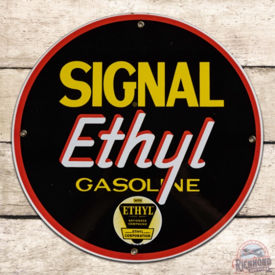 Fantastic Signal Ethyl Gasoline Single Sided Porcelain Pump Plate Sign w/ Logo