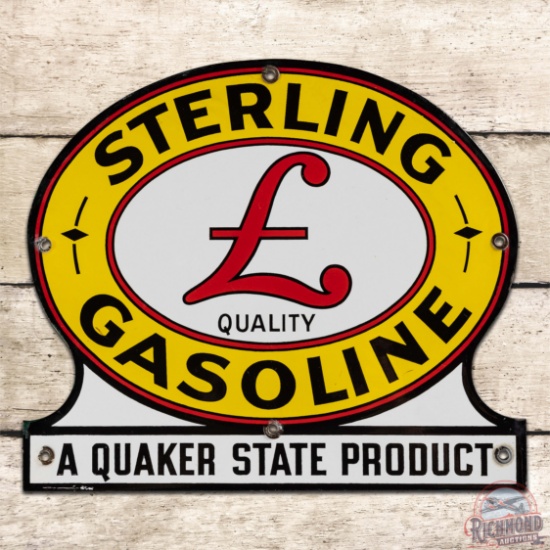 Excellent Sterling Products Gasoline "A Quaker State Product" Single Sided Porcelain Pump Plate Sign