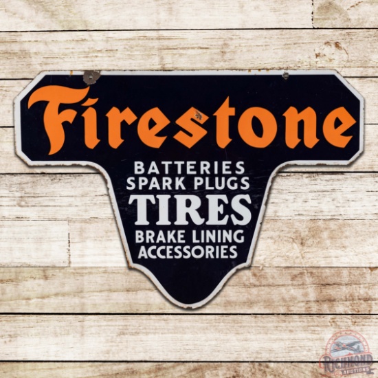 Firestone Batteries Spark Plugs Tires Brake Lining Accessories Double Sided Porcelain Sign