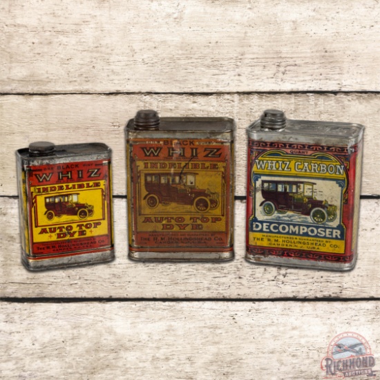 Group of 3 Whiz Top Dye and Decomposer Cans w/ Early Automobiles
