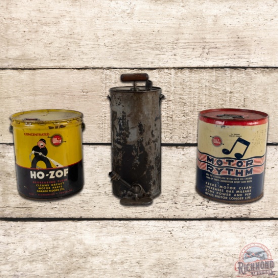 Group of 3 Whiz Cans Five Gallons & Grease Pump