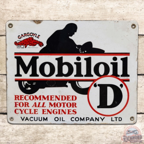 Gargoyle Mobiloil "D" Vacuum Oil Co. For All Motorcycle Engines Single Sided Porcelain Sign