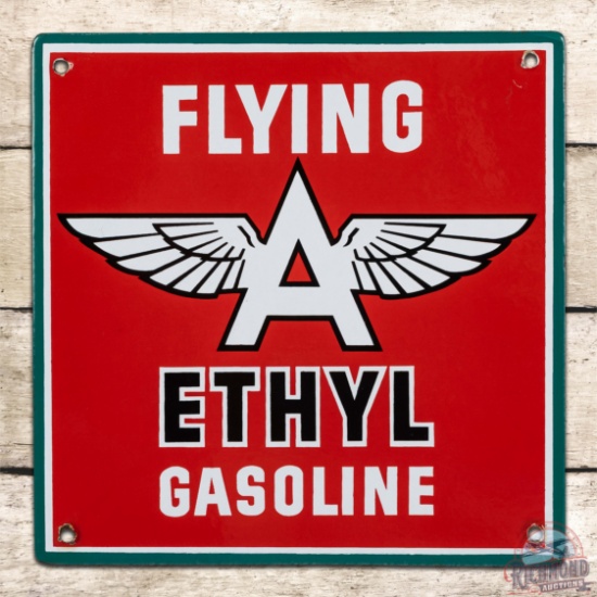 Outstanding Flying A Ethyl Gasoline Single Sided Porcelain Pump Plate Sign w/ Logo