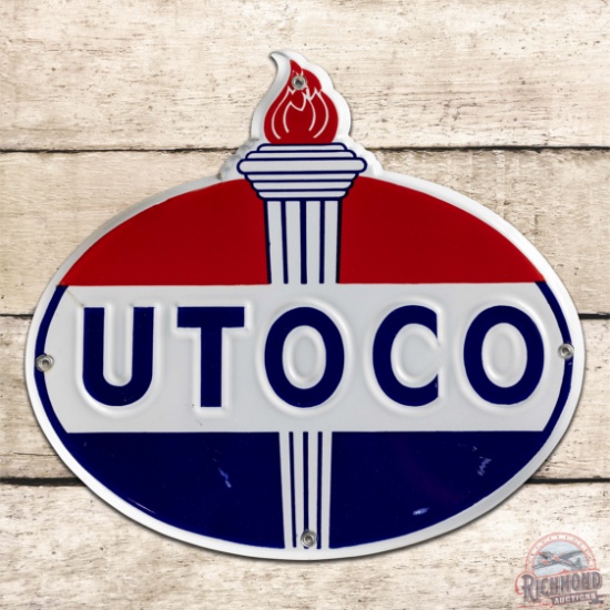 Utoco Gasoline Convex Single Sided Porcelain Pump Plate Sign w/ Flame