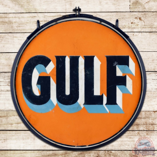 Gulf Gasoline Motor Oils 30" Double Sided Porcelain Sign w/ Ring