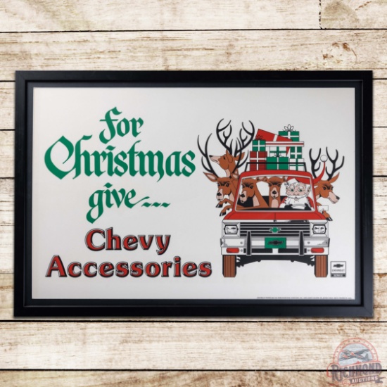 For Christmas Give Chevy Accessories Framed Dealer Advertising Poster Sign w/ Santa & Reindeer