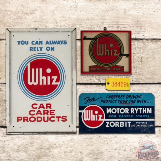 Group of 3 Whiz Motor Rhythm & Car Care Advertising Signs & Decal