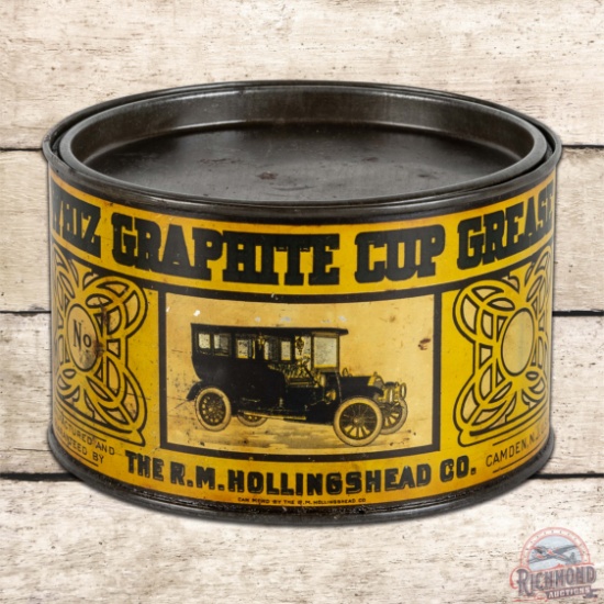 Whiz Graphite Cup Grease Metal Advertising Can w/ Early Automobile