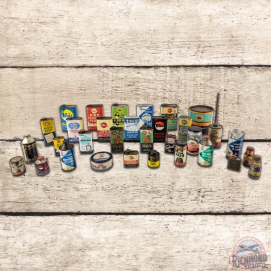 Huge Group of 32 Whiz Automotive Related Cans & Bottles
