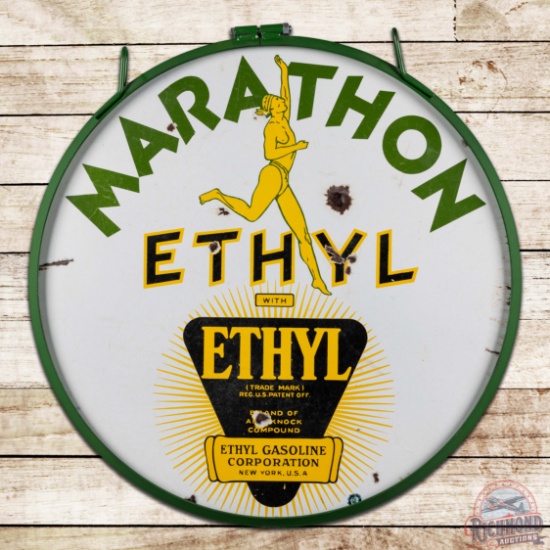 Marathon Ethyl Gasoline 30" Double Sided Porcelain Sign w/ Running Man