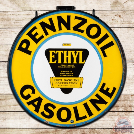 Stunning Pennzoil Ethyl Gasoline 30" Double Sided Porcelain Sign w/ Ring "No Burst"