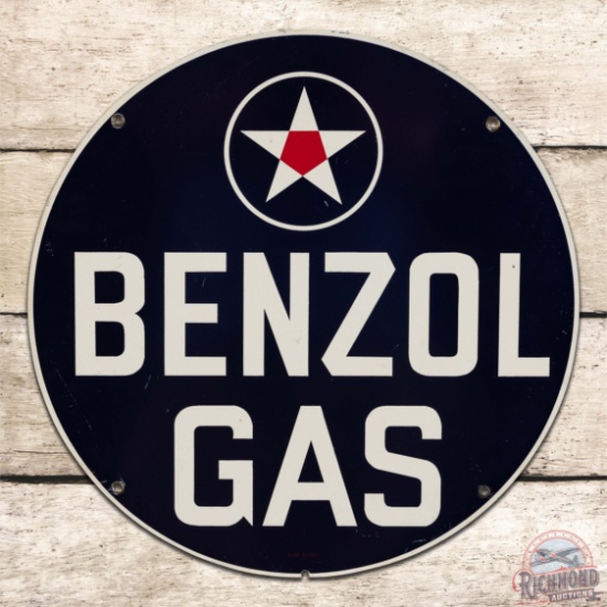 1950 Benzol Gas Single Sided Tin Pump Plate Sign w/ Logo