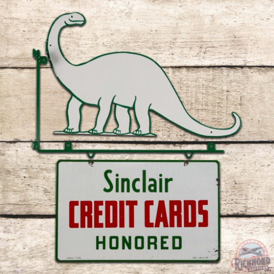 1959 Sinclair Credit Cards Honored Double Sided Porcelain Sign w/ Bracket & Dino Attachment