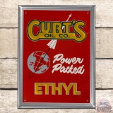Outstanding Curt's Oil Co Power Packed Ethyl Gasoline Emb Single Sided Tin Pump Plate Sign w/ Rocket